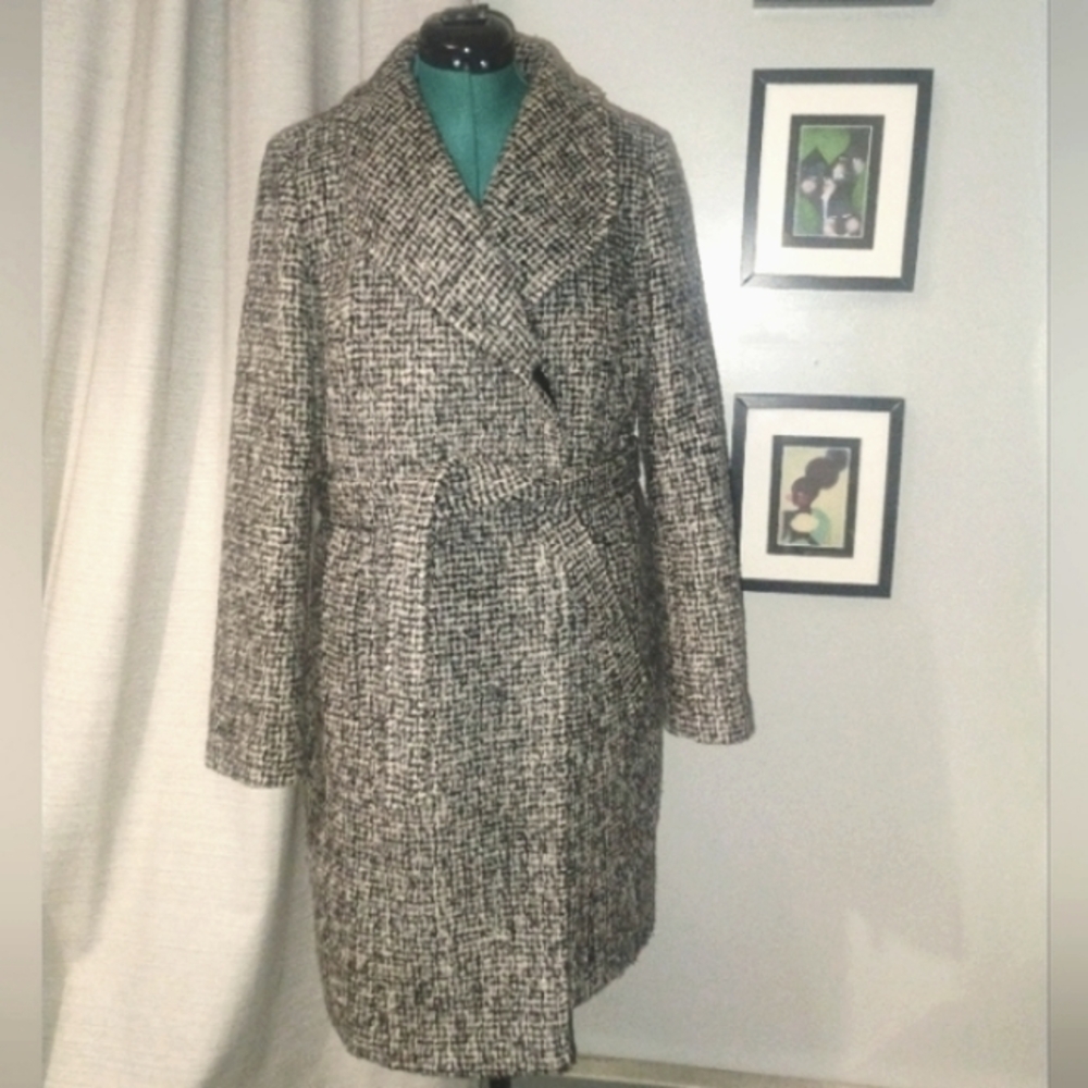 Cole Haan Asymmetrical Shawl Collar Wool Coat in Black and White Sz 14 - Picture 11 of 16